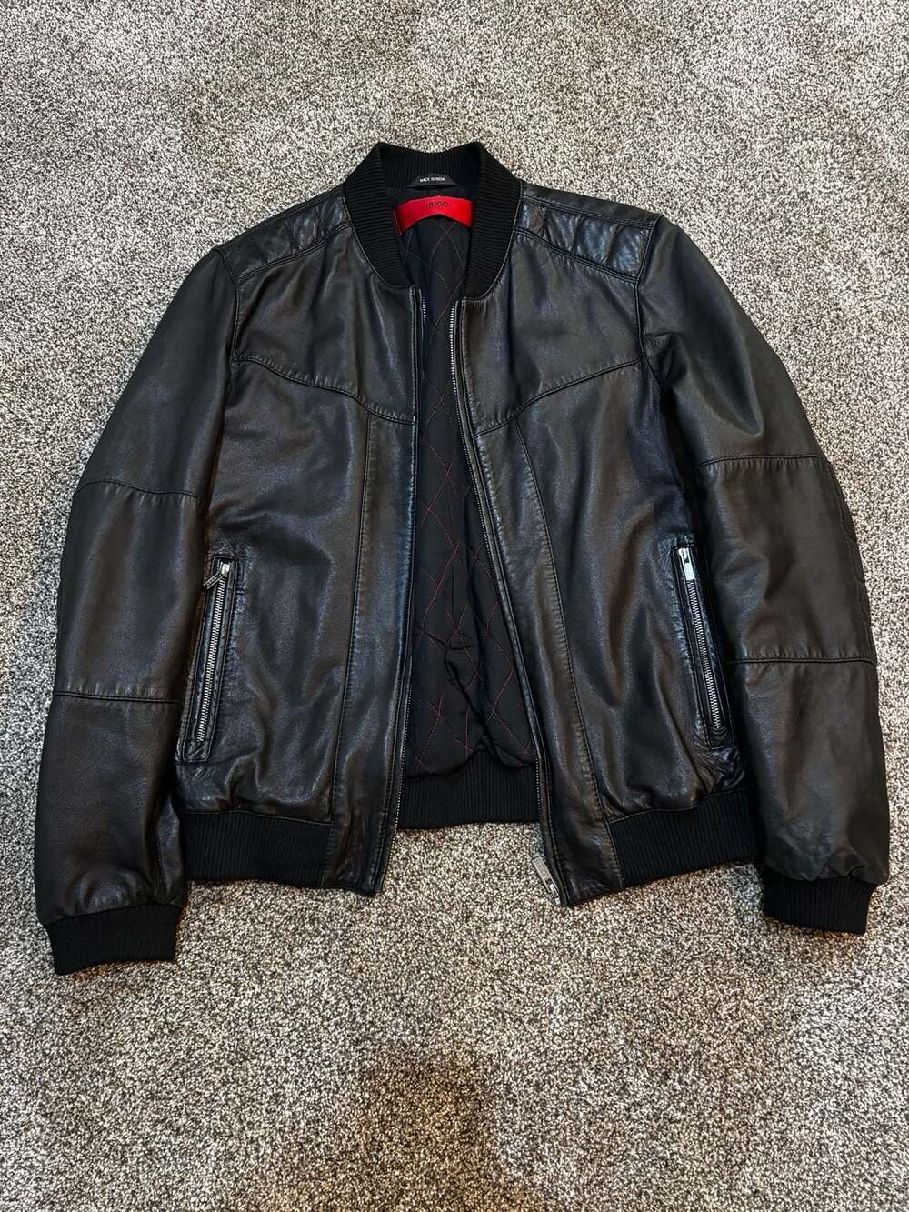 HUGO by Hugo Boss Men's Black Lambskin Leather Bomber Jacket